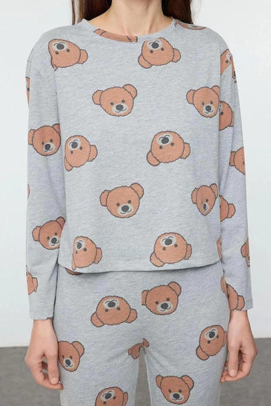 Kadın Moda Şık Bisiklet Yaka Boru Paça Uzun Kol %100 Pamuklu Ayıcık Desenli Örme Pijama Takımı - 2