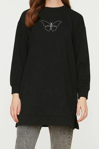 Kadın Tesettür Regular Bisiklet Yaka Standart Kol Regular Yırtmaç Detaylı Baskılı Örme Sweatshirt - 2