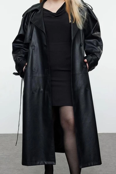 Kadın Büyük Beden Moda Şık Oversize Ceket Yaka Uzun Düz Astarlı Fit Maxi Boy Suni Deri Trençkot - 2