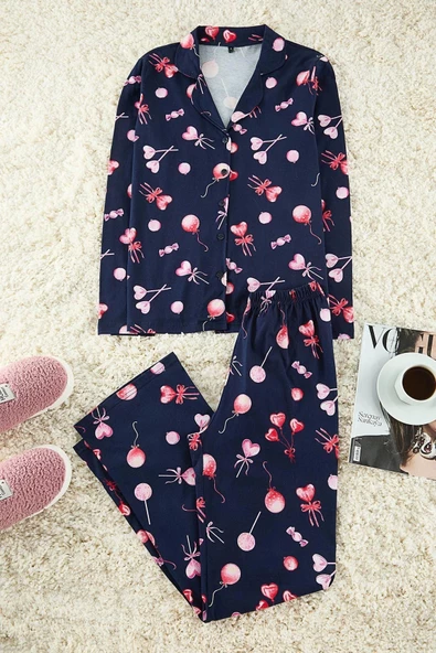 Kadın Moda Şık Gömlek Yaka Geniş Paça Uzun Kol %100 Pamuklu Kalpli Örme Pijama Takımı