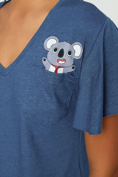 Kadın Moda Şık V Yaka Boru Paça Kısa Kol Pamuklu Koala Baskılı Kol Volan Detaylı Örme Pijama Takımı - 4