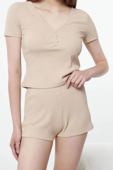 Kadın Moda Şık V Yaka Dar Paça Kısa Kol Düğme Detaylı Fitilli Örme Pijama Takımı - 2