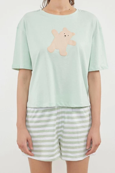 Kadın Moda Şık Bisiklet Yaka Boru Paça Kısa Kol %100 Pamuklu Ayıcık Baskılı Örme Pijama Takımı
