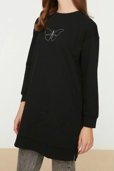 Kadın Tesettür Regular Bisiklet Yaka Standart Kol Regular Yırtmaç Detaylı Baskılı Örme Sweatshirt - 5