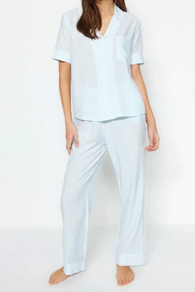 Kadın Moda Şık Gömlek Yaka Boru Paça Kısa Kol Çizgili Viskon Gömlek-Pantolon Dokuma Pijama Takımı