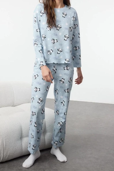 Kadın Moda Şık Bisiklet Yaka Boru Paça Uzun Kol %100 Pamuk Panda Desenli Örme Pijama Takımı