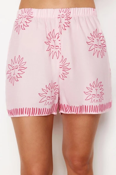 Kadın Moda Şık Gömlek Yaka Geniş Paça Kısa Kol Galaksi Desenli Viskon Dokuma Pijama Takımı - 5