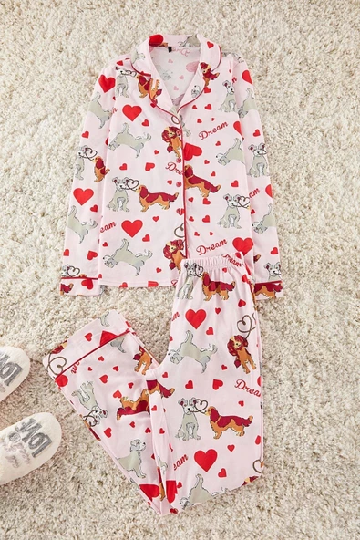 Kadın Moda Şık Gömlek Yaka Geniş Paça Uzun Kol %100 Pamuklu Köpek Desenli Biyeli Örme Pijama Takımı