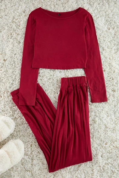 Kadın Moda Şık Bisiklet Yaka Geniş Paça Uzun Kol Viskon Örme Pijama Takımı