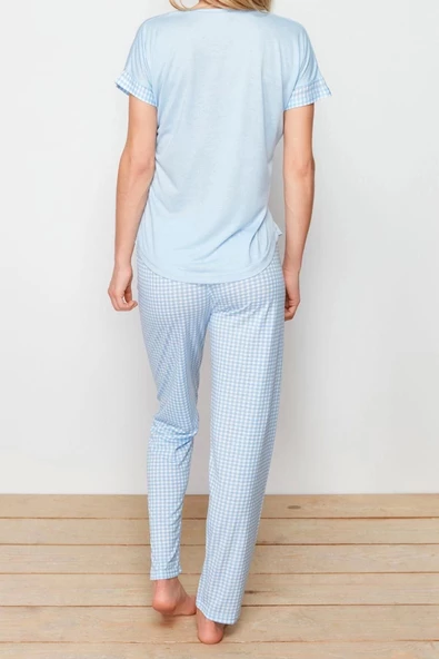 Kadın Moda Şık Bisiklet Yaka Boru Paça Kısa Kol Pötikare ve Baskılı Örme Pijama Takımı - 5