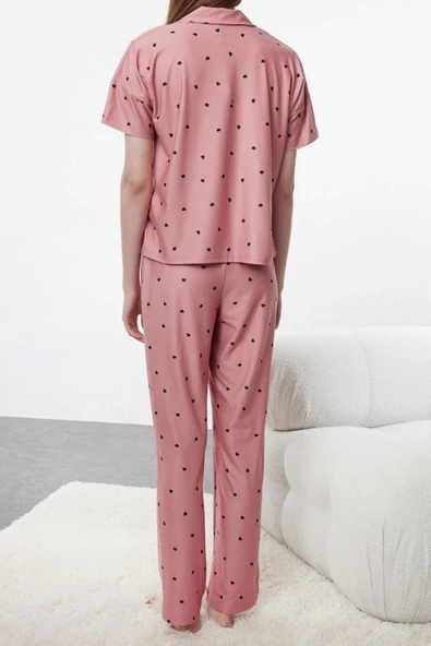Kadın Moda Şık Gömlek Yaka Boru Paça Kısa Kol Kalpli Örme Pijama Takımı - 5