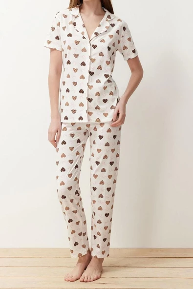 Kadın Moda Şık Gömlek Yaka Boru Paça Kısa Kol Pamuklu Kalpli Örme Pijama Takımı