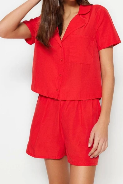 Kadın Moda Şık Gömlek Yaka Boru Paça Uzun Kol Terrycotton Gömlek-Şort Dokuma Pijama Takımı - 2