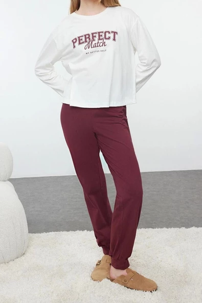 Kadın Moda Şık Bisiklet Yaka Boru Paça Uzun Kol Kadın %100 Pamuklu Örme Pijama Takımı