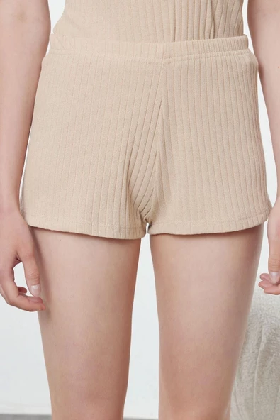 Kadın Moda Şık V Yaka Dar Paça Kısa Kol Düğme Detaylı Fitilli Örme Pijama Takımı - 5