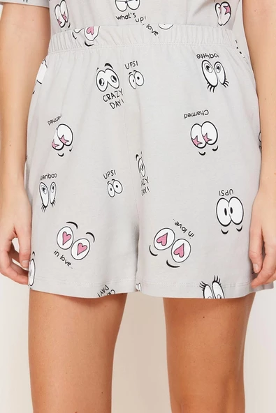 Kadın Moda Şık Bisiklet Yaka Boru Paça Kısa Kol %100 Pamuklu Eğlence Desenli Örme Pijama Takımı - 5