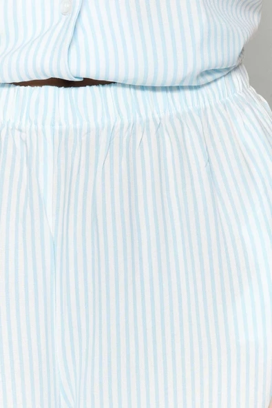 Kadın Moda Şık Gömlek Yaka Boru Paça Kısa Kol Çizgili Viskon Gömlek-Pantolon Dokuma Pijama Takımı - 4