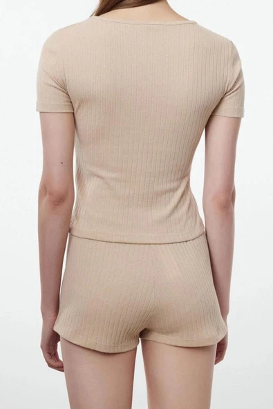Kadın Moda Şık V Yaka Dar Paça Kısa Kol Düğme Detaylı Fitilli Örme Pijama Takımı - 6