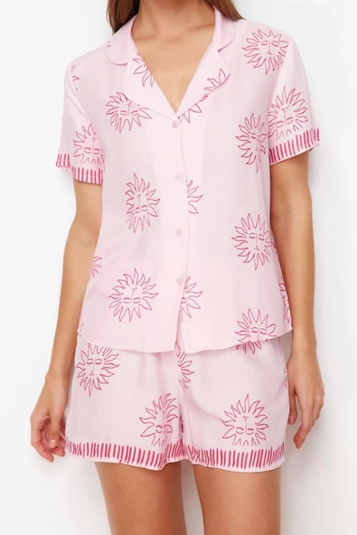 Kadın Moda Şık Gömlek Yaka Geniş Paça Kısa Kol Galaksi Desenli Viskon Dokuma Pijama Takımı - 4