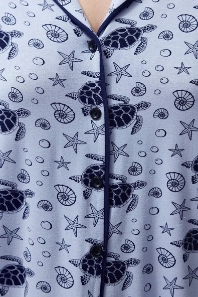 Kadın Moda Şık Gömlek Yaka Boru Paça Kısa Kol Desenli Biyeli Örme Pijama Takımı - 4