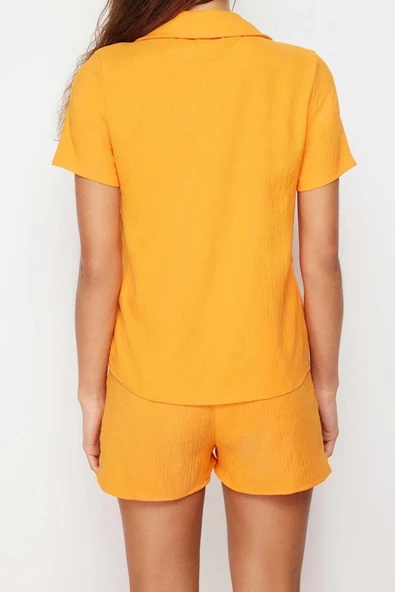 Kadın Moda Şık Gömlek Yaka Boru Paça Kısa Kol Arı Nakışlı Dokuma Pijama Takımı - 3