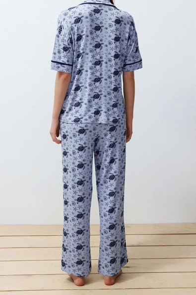 Kadın Moda Şık Gömlek Yaka Boru Paça Kısa Kol Desenli Biyeli Örme Pijama Takımı - 3