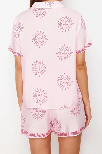 Kadın Moda Şık Gömlek Yaka Geniş Paça Kısa Kol Galaksi Desenli Viskon Dokuma Pijama Takımı - 6