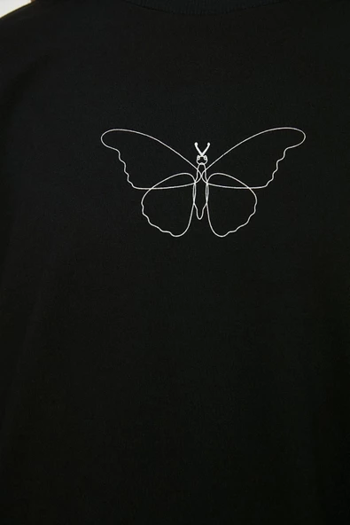 Kadın Tesettür Regular Bisiklet Yaka Standart Kol Regular Yırtmaç Detaylı Baskılı Örme Sweatshirt - 4
