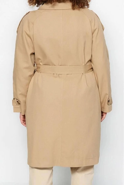 Kadın Büyük Beden Moda Şık Oversize Ceket Yaka Uzun Düz Astarlı Kemerli Gabardin Mevsimlik Trençkot - 6