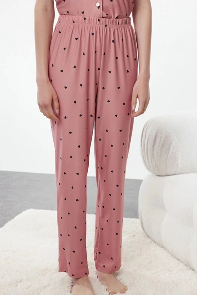 Kadın Moda Şık Gömlek Yaka Boru Paça Kısa Kol Kalpli Örme Pijama Takımı - 3
