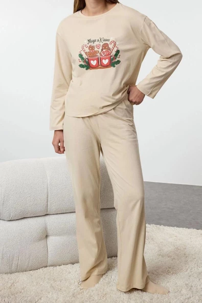 Kadın Moda Şık Bisiklet Yaka Boru Paça Uzun Kol Kadın Yılbaşı Temalı Örme Pijama Takımı
