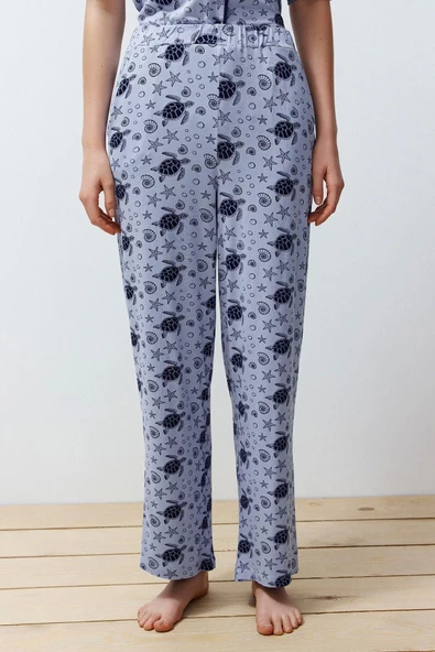 Kadın Moda Şık Gömlek Yaka Boru Paça Kısa Kol Desenli Biyeli Örme Pijama Takımı - 5