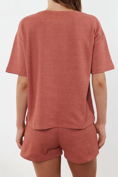 Kadın Moda Şık Bisiklet Yaka Boru Paça Kısa Kol Waffle Kumaş Örme Pijama Takımı - 4