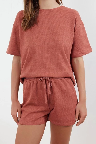 Kadın Moda Şık Bisiklet Yaka Boru Paça Kısa Kol Waffle Kumaş Örme Pijama Takımı - 2