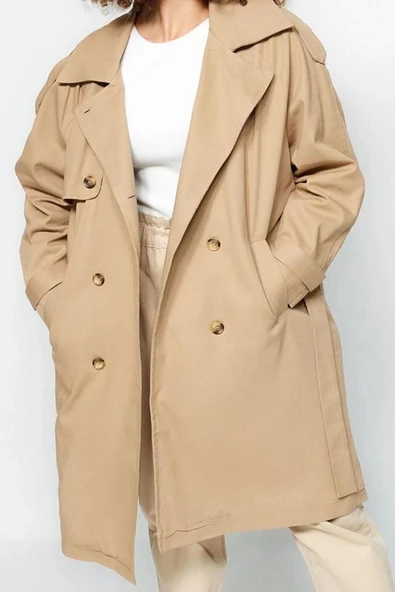 Kadın Büyük Beden Moda Şık Oversize Ceket Yaka Uzun Düz Astarlı Kemerli Gabardin Mevsimlik Trençkot - 2