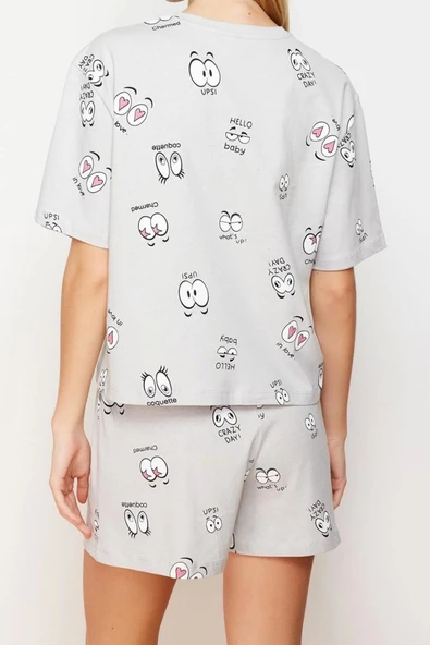 Kadın Moda Şık Bisiklet Yaka Boru Paça Kısa Kol %100 Pamuklu Eğlence Desenli Örme Pijama Takımı - 4