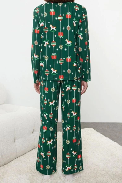 Kadın Moda Şık Gömlek Yaka Boru Paça Uzun Kol %100 Pamuklu Yılbaşı Temalı Örme Pijama Takımı - 3