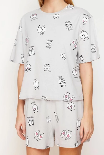 Kadın Moda Şık Bisiklet Yaka Boru Paça Kısa Kol %100 Pamuklu Eğlence Desenli Örme Pijama Takımı
