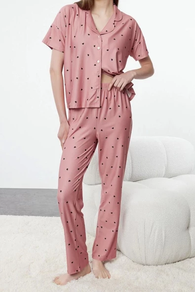 Kadın Moda Şık Gömlek Yaka Boru Paça Kısa Kol Kalpli Örme Pijama Takımı - 2