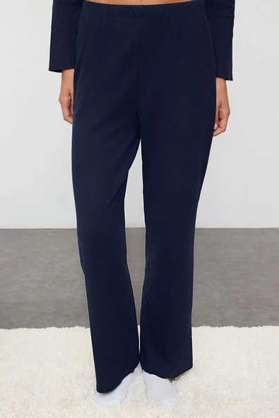 Kadın Moda Şık Gömlek Yaka Boru Paça Uzun Kol Kurdele Fiyonklu Waffle Kumaş Örme Pijama Takımı - 3