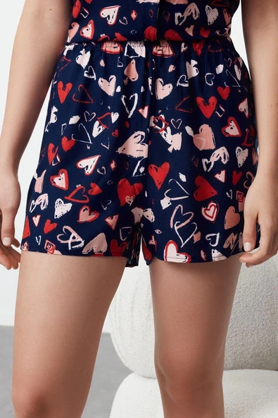 Kadın Moda Şık Gömlek Yaka Geniş Paça Uzun Kol Kalp Desenli Viskon Dokuma Pijama Takımı - 4