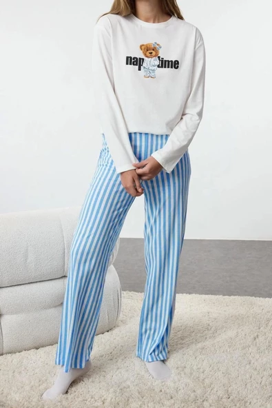 Kadın Moda Bisiklet Yaka Boru Paça Uzun Kol Kadın %100 Pamuklu Çizgili Ayıcıklı Örme Pijama Takımı