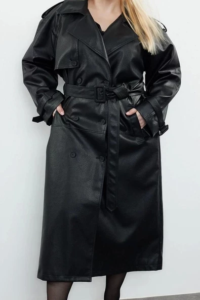 Kadın Büyük Beden Moda Şık Oversize Ceket Yaka Uzun Düz Astarlı Fit Maxi Boy Suni Deri Trençkot - 3