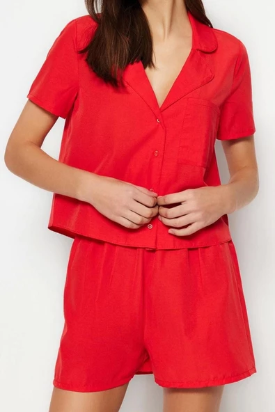 Kadın Moda Şık Gömlek Yaka Boru Paça Uzun Kol Terrycotton Gömlek-Şort Dokuma Pijama Takımı - 4