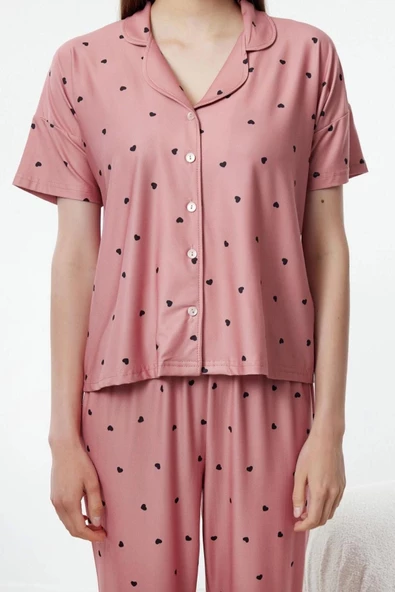 Kadın Moda Şık Gömlek Yaka Boru Paça Kısa Kol Kalpli Örme Pijama Takımı - 4