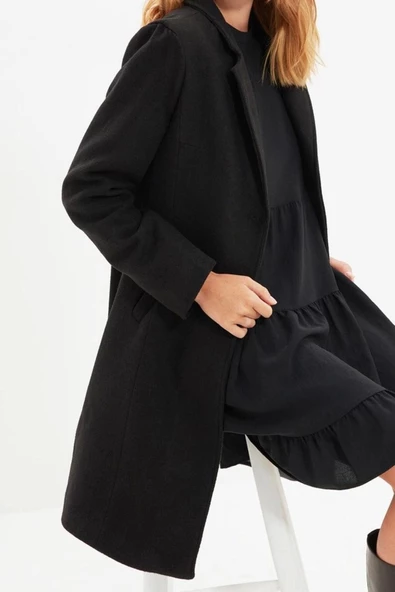 Kadın Moda Şık Büyük Beden Ceket Yaka Midi Düz Astarlı Fitted Midi Yünlü Kaşe Kaban - 5