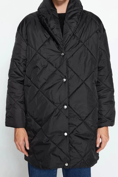 Kadın Moda Şık Oversize Ceket Yaka Midi Düz Astarlı Oversize Kapitone Şişme Mont