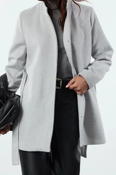 Kadın Moda Şık Regular Dik Yaka Midi Düz Astarlı Kuşaklı Yünlü Kısa Kaşe Kaban - 3