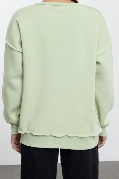 Kadın Bol Bisiklet Yaka Düşük Kol Uzun Normal Kalıp Karyoka Dikişli Kalın Polarlı Örme Sweatshirt - 5