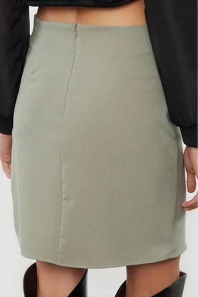 Kadın Moda Stil Mini Astarsız Dokuma Büzgü Detaylı Kruvaze Mini Dokuma Etek - 6